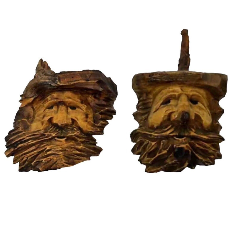 Vintage Artisan Real Wood Hand Carved Old Man Wall Hangings Set of 2 Bearded